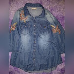 Embroidered Denim Shirt with Floral Design